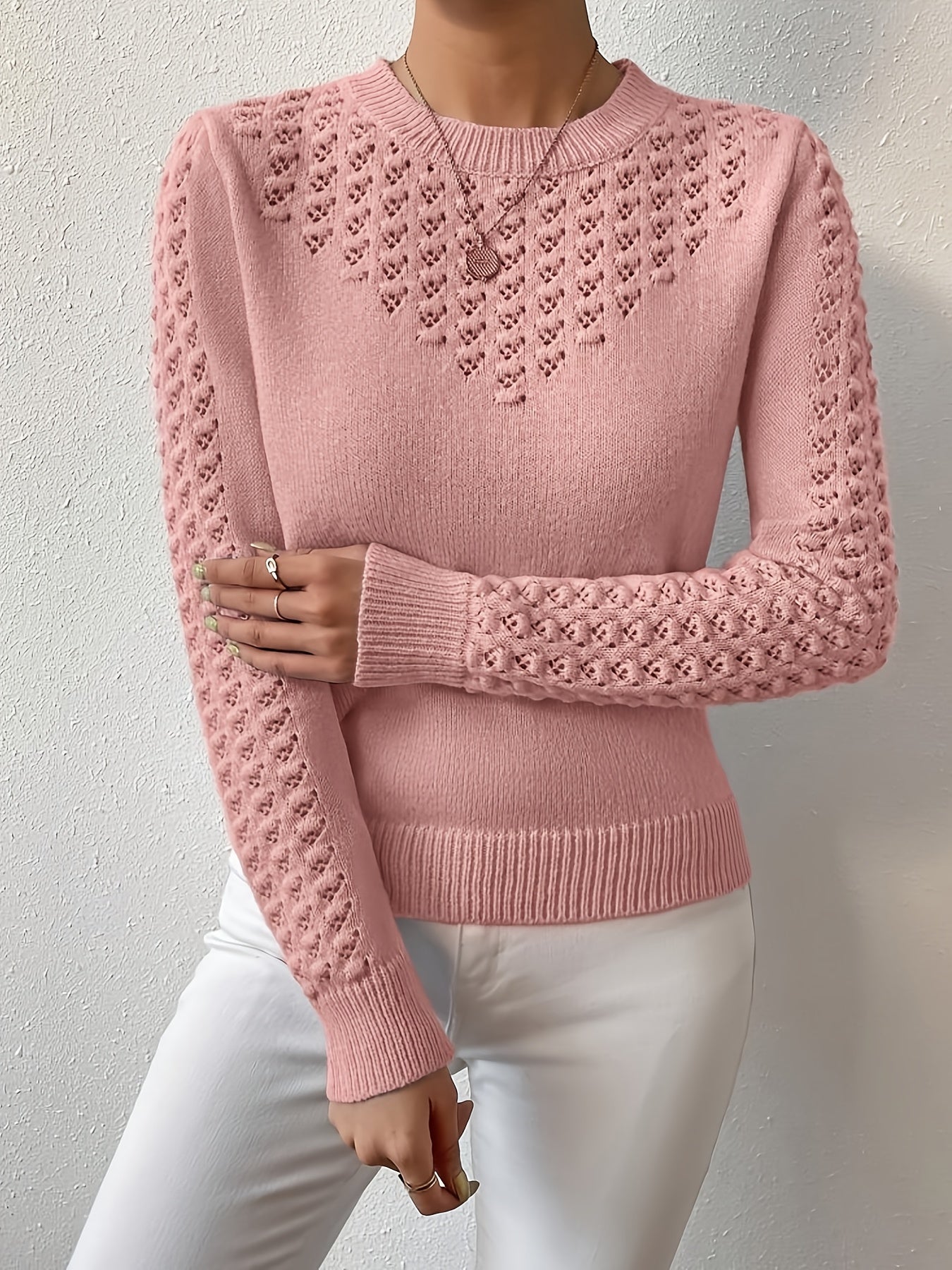 Womens Elegant Knitted Round Neck Textured Design Solid Colour Semi Sheer Sweater