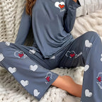 Womens Heart Pattern Long Sleeve & Pants Round Neck Loose Fit Pyjama Set