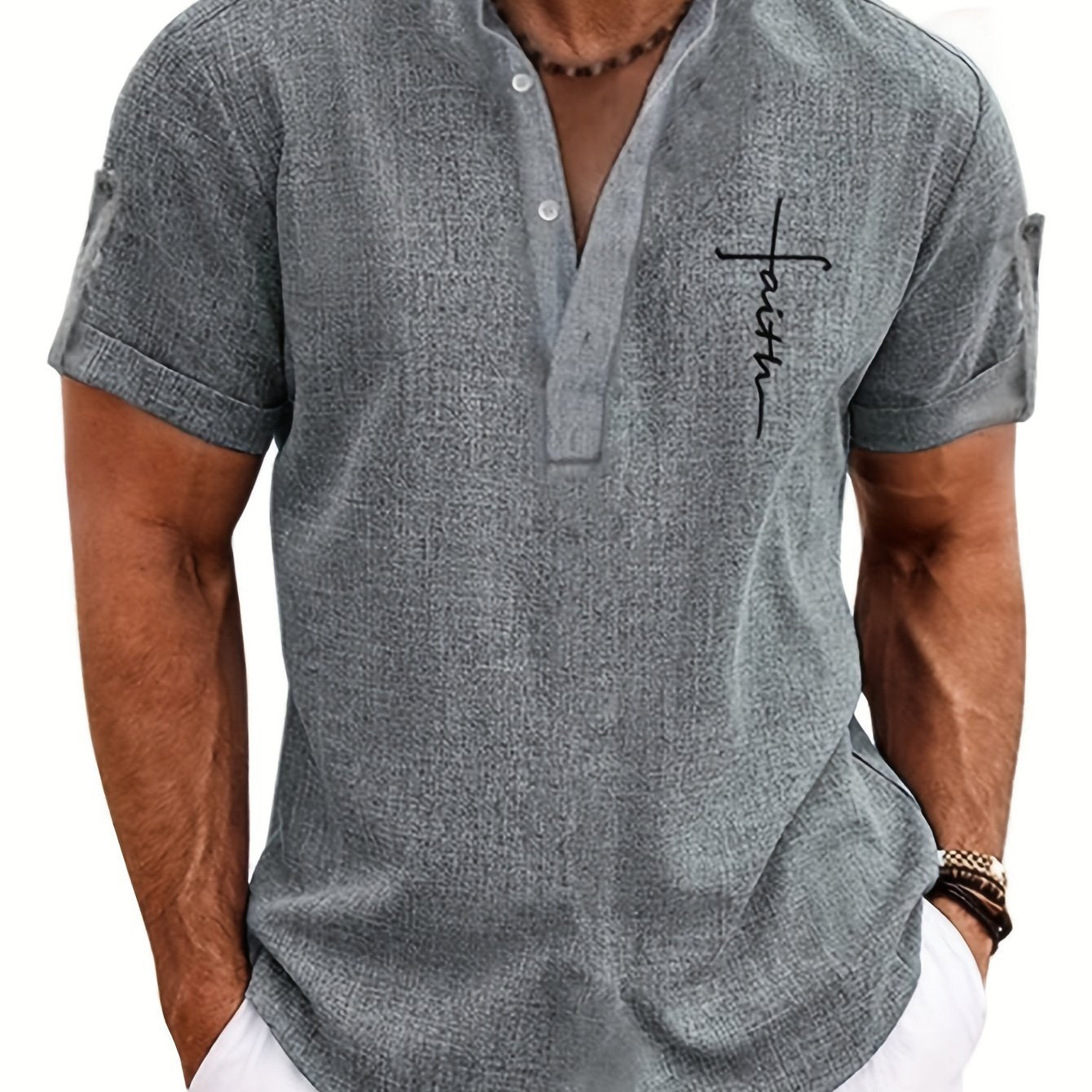 Mens Casual Graphic Print Short Sleeve Stand Collar Breathable Shirt