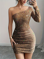 Womens Sexy Elegant Off-Shoulder Sequin Embellished Bodycon Dress