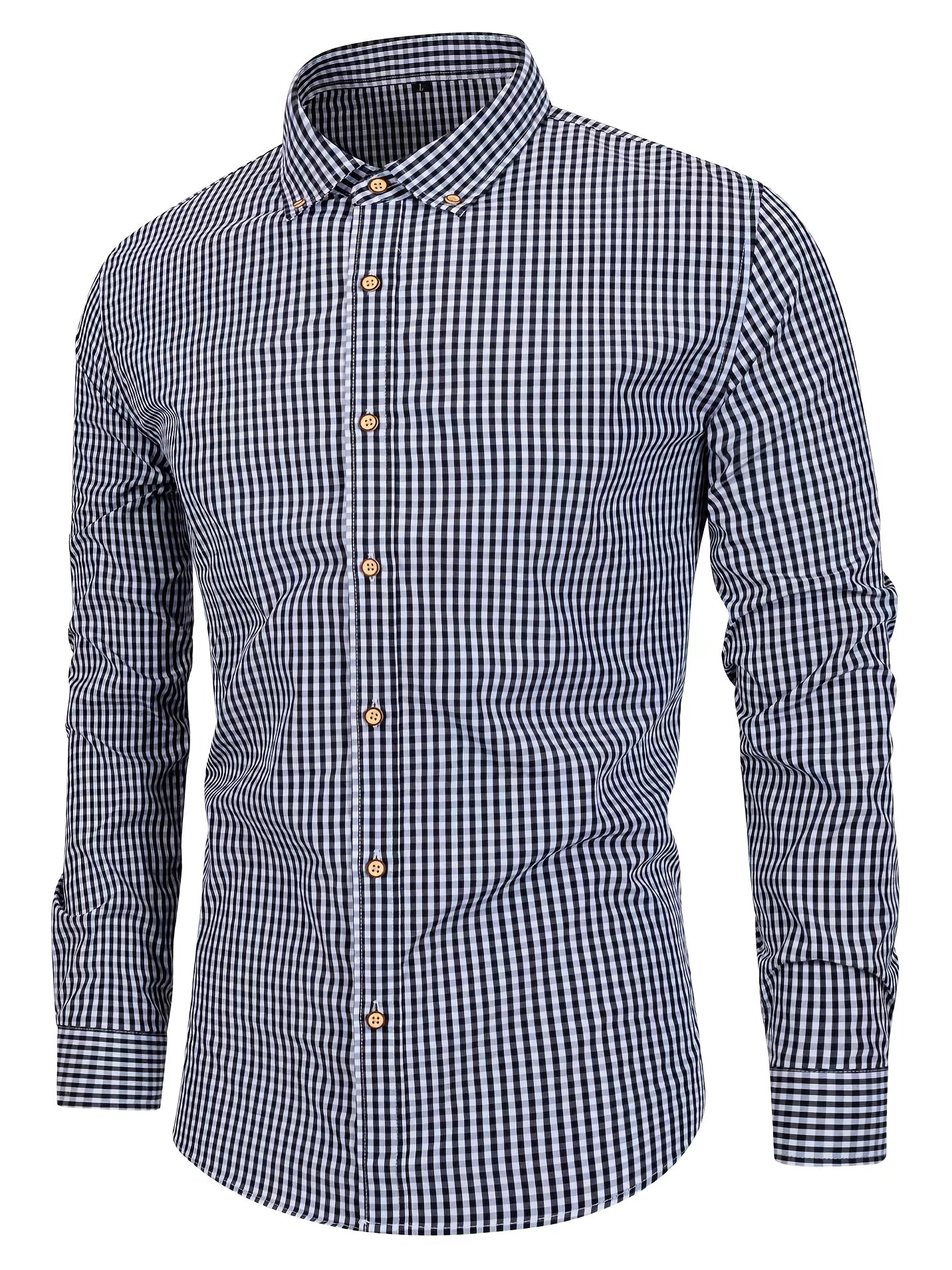 Mens Stylish Gingham Check Casual Long Sleeve Breathable Button-Up Shirt