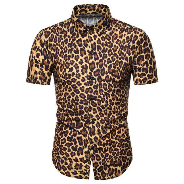 Mens Leopard Print Casual Button Short Sleeve Shirt