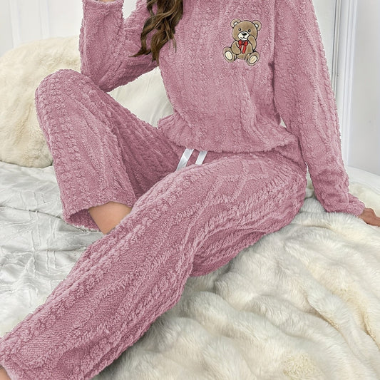 Womens Casual Bear Embroidered Thick Long Sleeve Round Neck Top & Pants Set