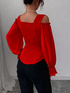 Womens Floral Jacquard Elegant Off-Shoulder Lantern Sleeves Square Neck Top