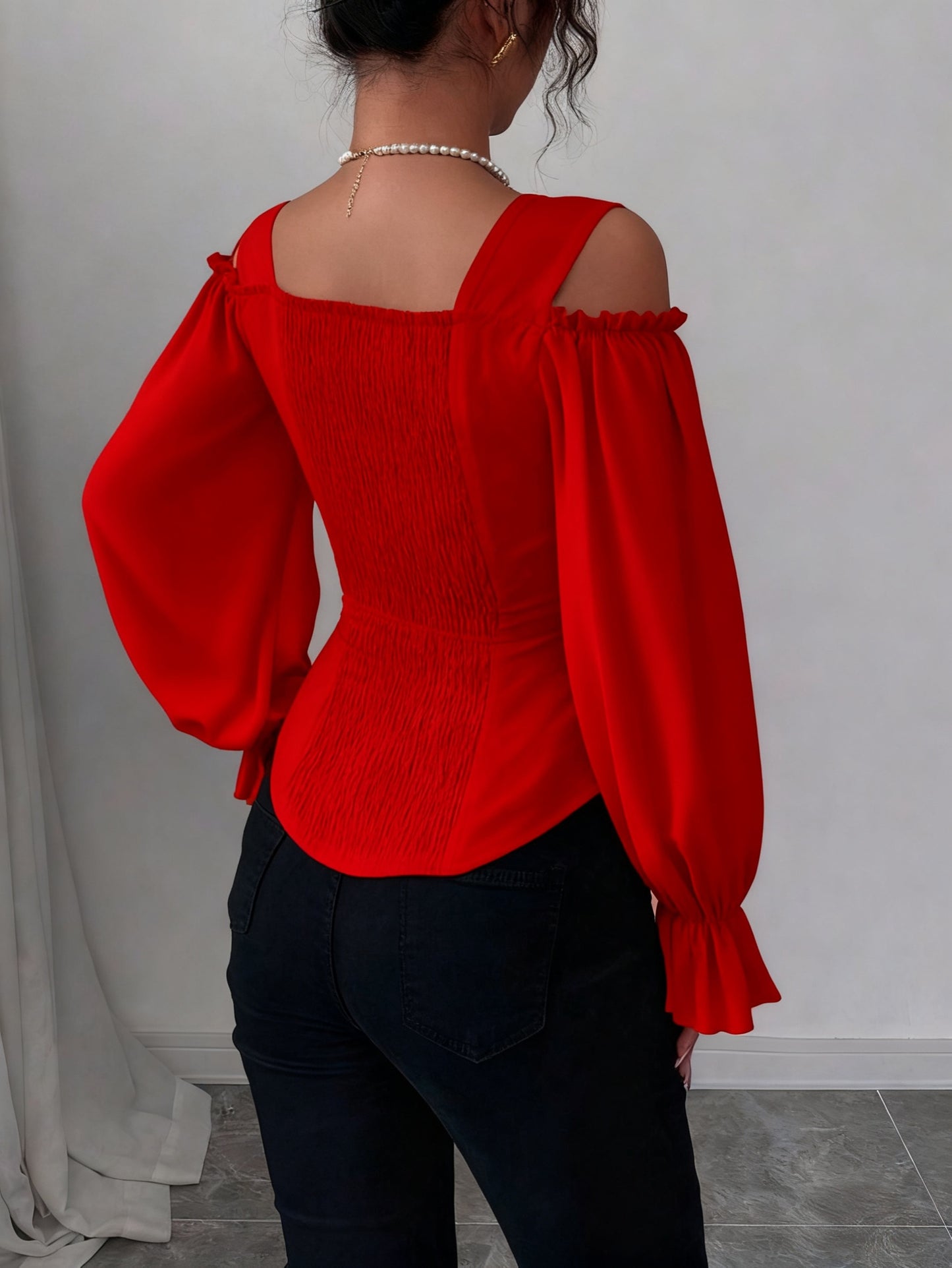 Womens Floral Jacquard Elegant Off-Shoulder Lantern Sleeves Square Neck Top