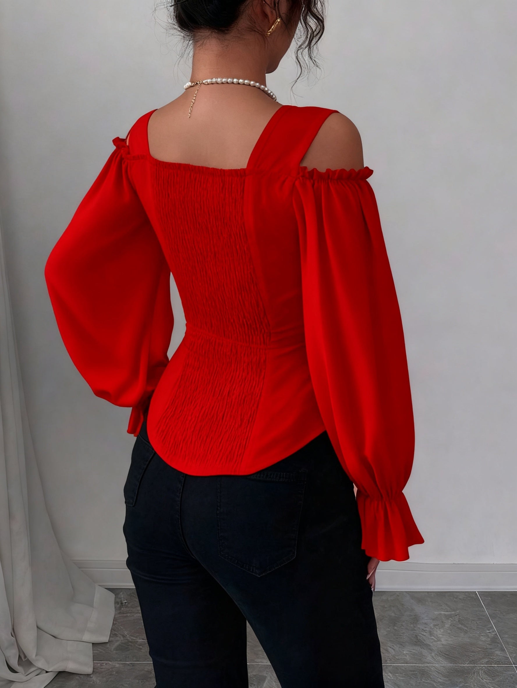 Womens Floral Jacquard Elegant Off-Shoulder Lantern Sleeves Square Neck Top