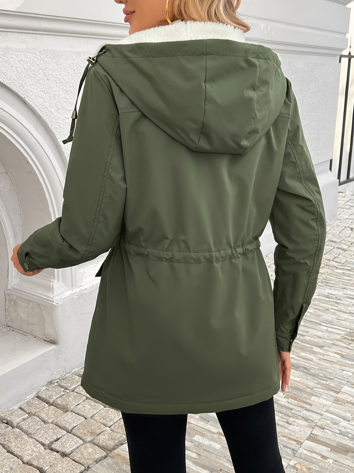 Womens Casual Hooded Solid Colour Non-Stretch Drawstring Lightweight Jacket