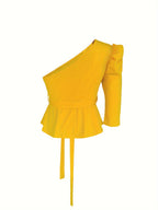 Womens Solid Colour One Shoulder Belted Elegant Puff Long Sleeve Asymmetric Top
