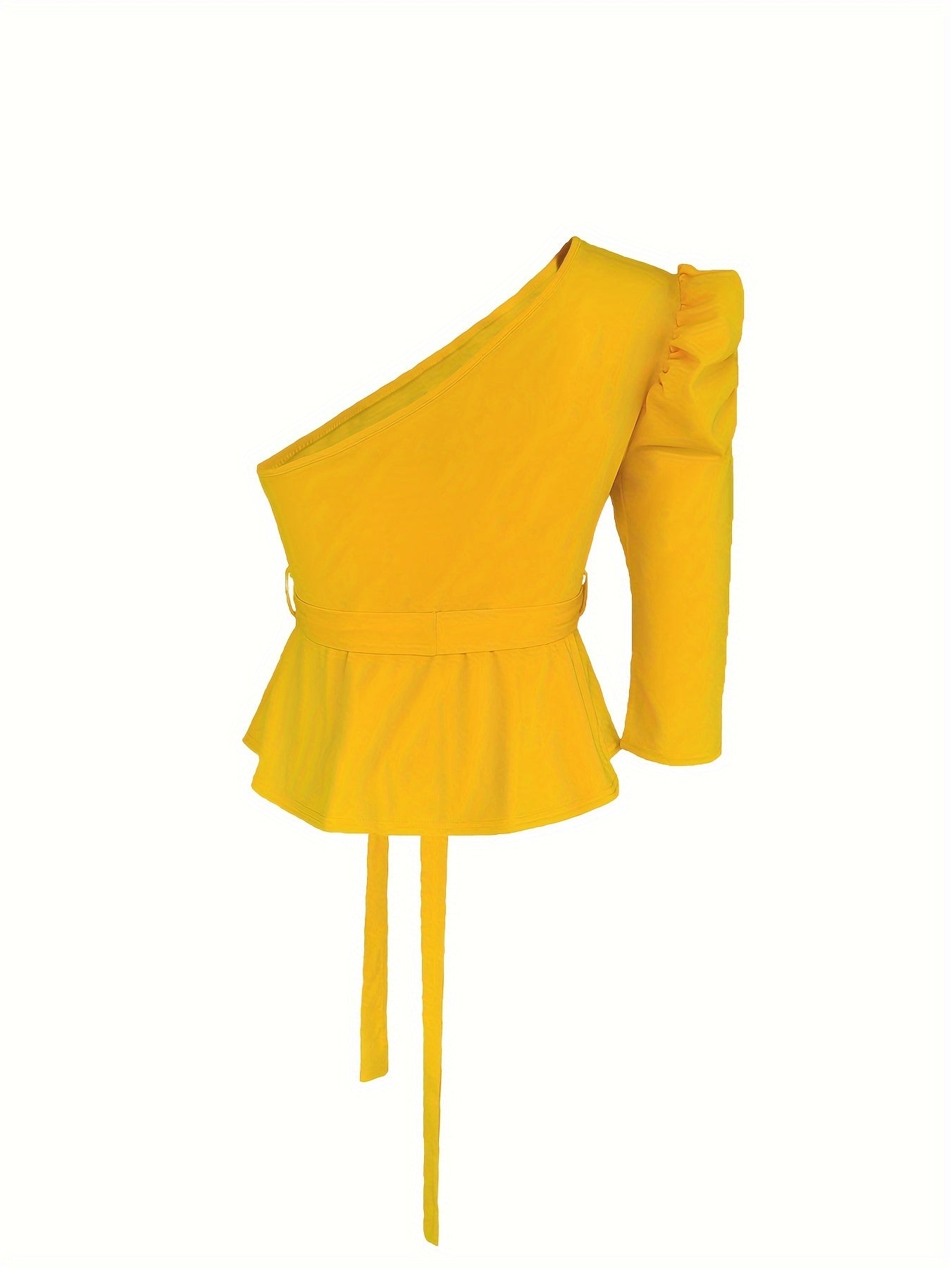 Womens Solid Colour One Shoulder Belted Elegant Puff Long Sleeve Asymmetric Top