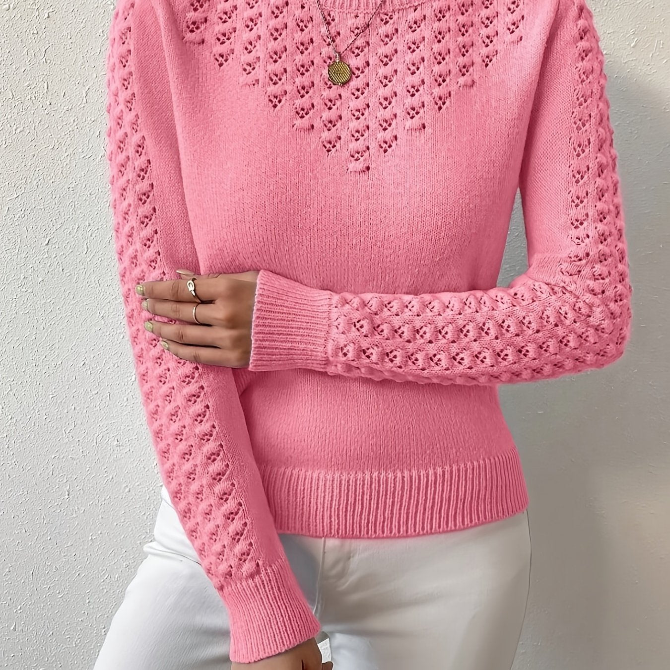 Womens Elegant Knitted Round Neck Textured Design Solid Colour Semi Sheer Sweater