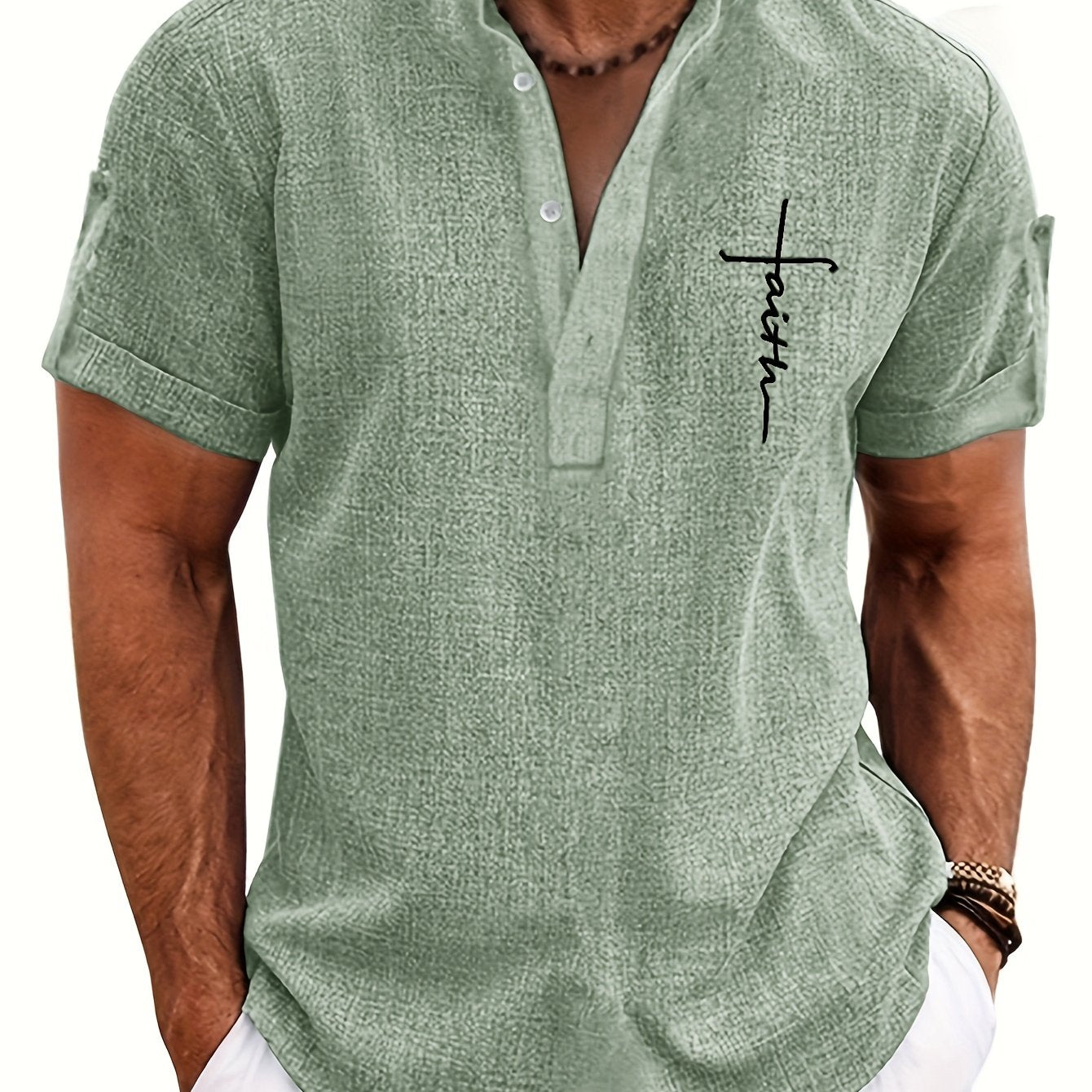 Mens Casual Graphic Print Short Sleeve Stand Collar Breathable Shirt