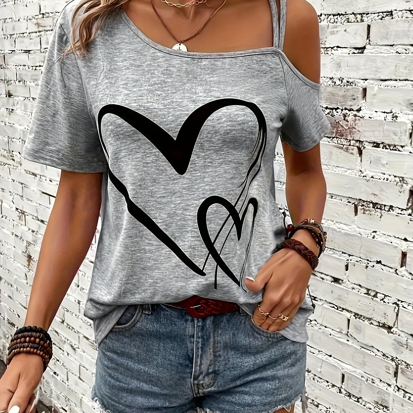 Womens Casual Heart Print Off the Shoulder Short Sleeve Asymmetrical T-shirt Top