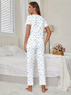 Womens Cosy Elegant Floral Print V-Neck Lace Trim Short Sleeve Pyjama Set