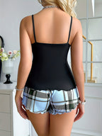 Womens Casual Heart Pattern Loose Fit Shoulder Straps Top & Shorts Bow Decoration Pyjama Set