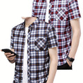 Mens Casual 2 Pcs Short Sleeve Plaid Button-Up Shirts