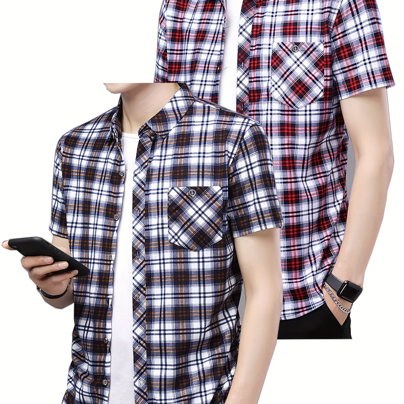 Mens Casual 2 Pcs Short Sleeve Plaid Button-Up Shirts