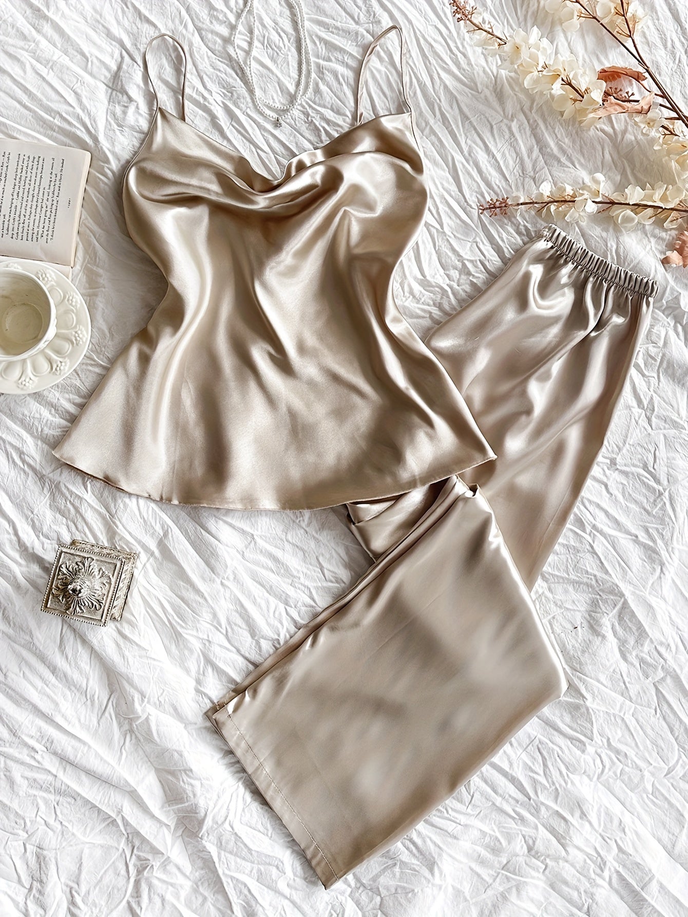 Womens Casual Relaxed Fit Sexy Satin Cowl Neck Backless Cami Top & Pants Set