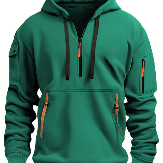 Mens Sporty Casual Hooded Ribbed Cuffs & Hem Solid Colour Sweatshirt