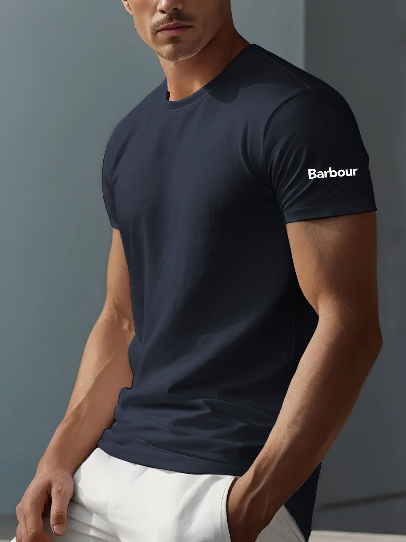 Mens Barbour Casual Round Neck Slightly Stretchy Rib-Knit Collar Letter Print Tshirt