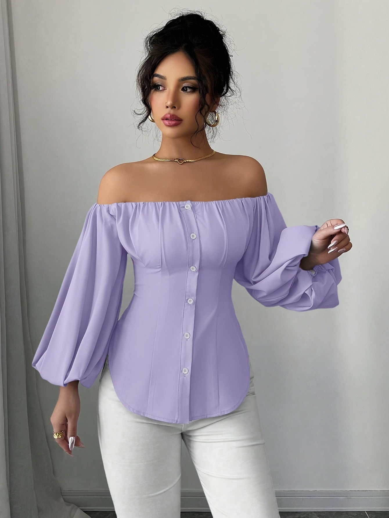Womens Elegant Off-Shoulder Puff Sleeve Slim Fit Solid Colour Top