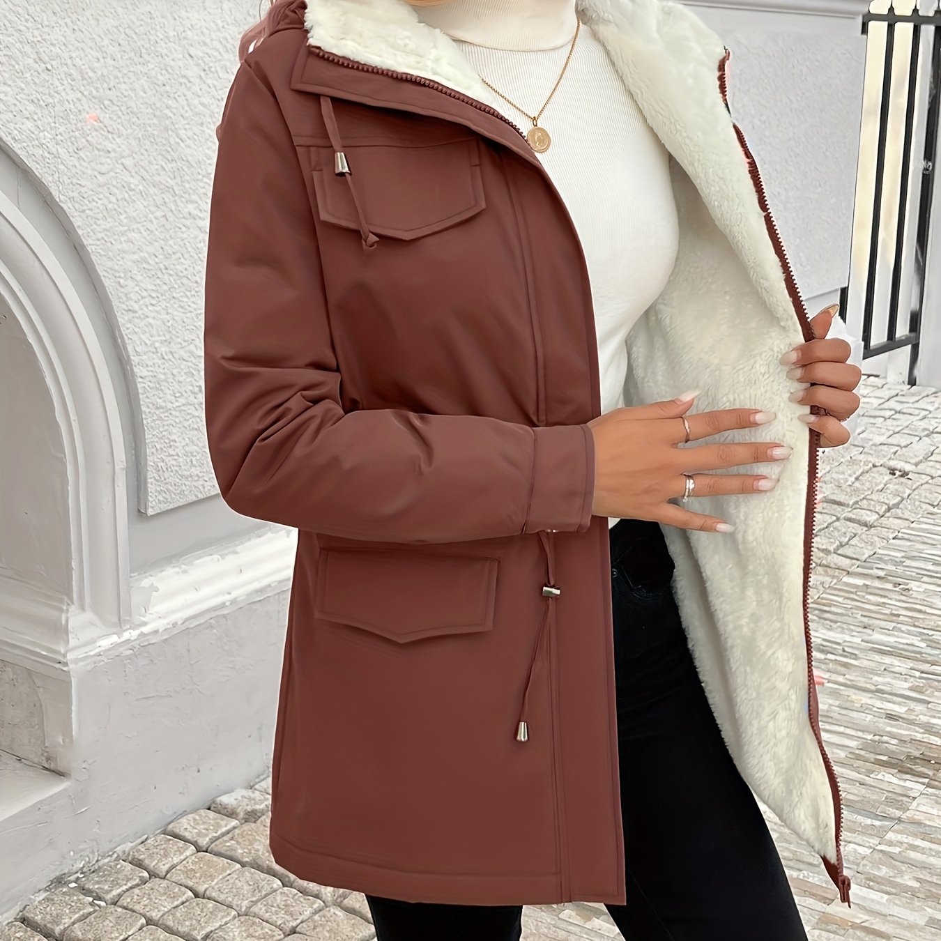 Womens Casual Hooded Solid Colour Non-Stretch Drawstring Lightweight Jacket