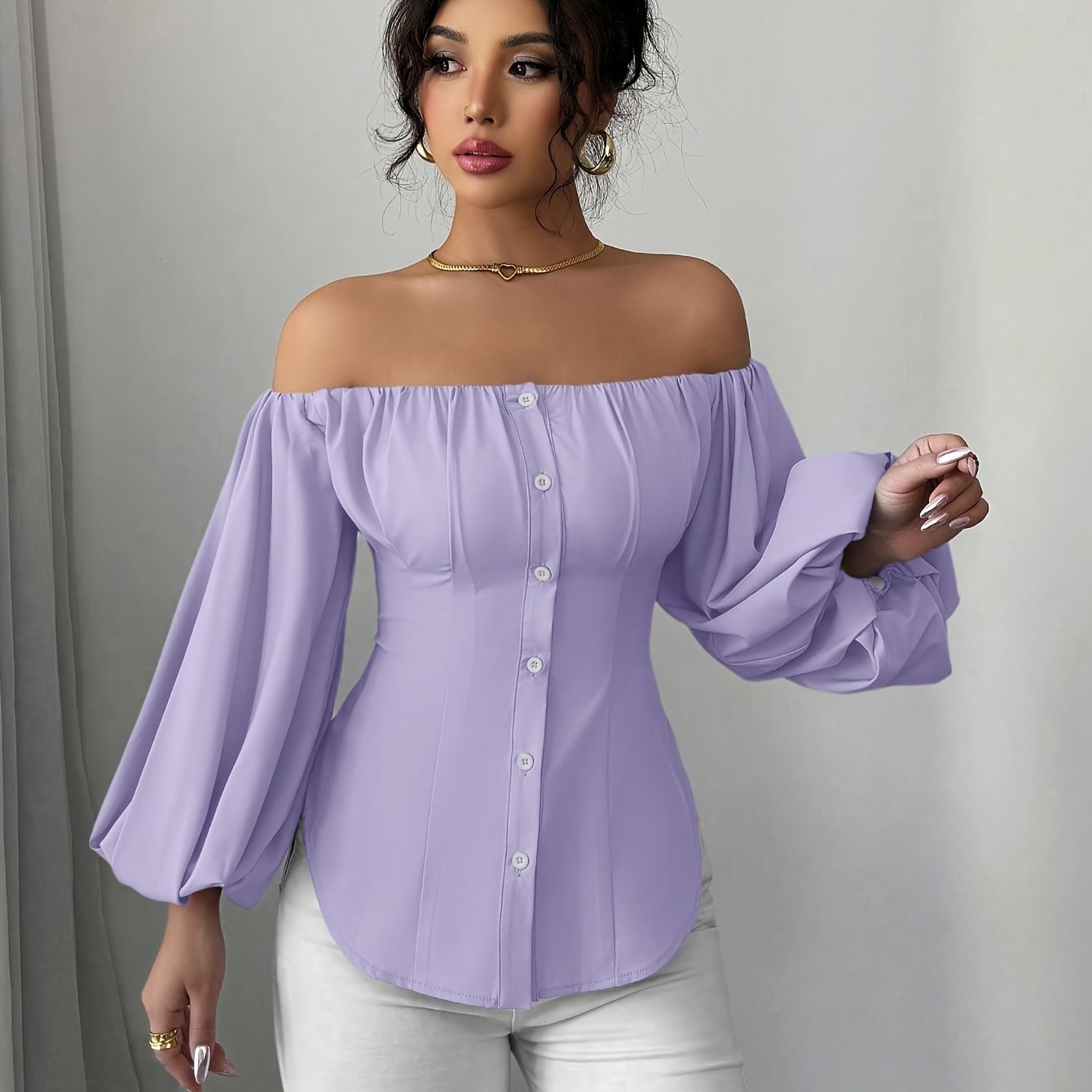 Womens Elegant Off-Shoulder Puff Sleeve Slim Fit Solid Colour Top