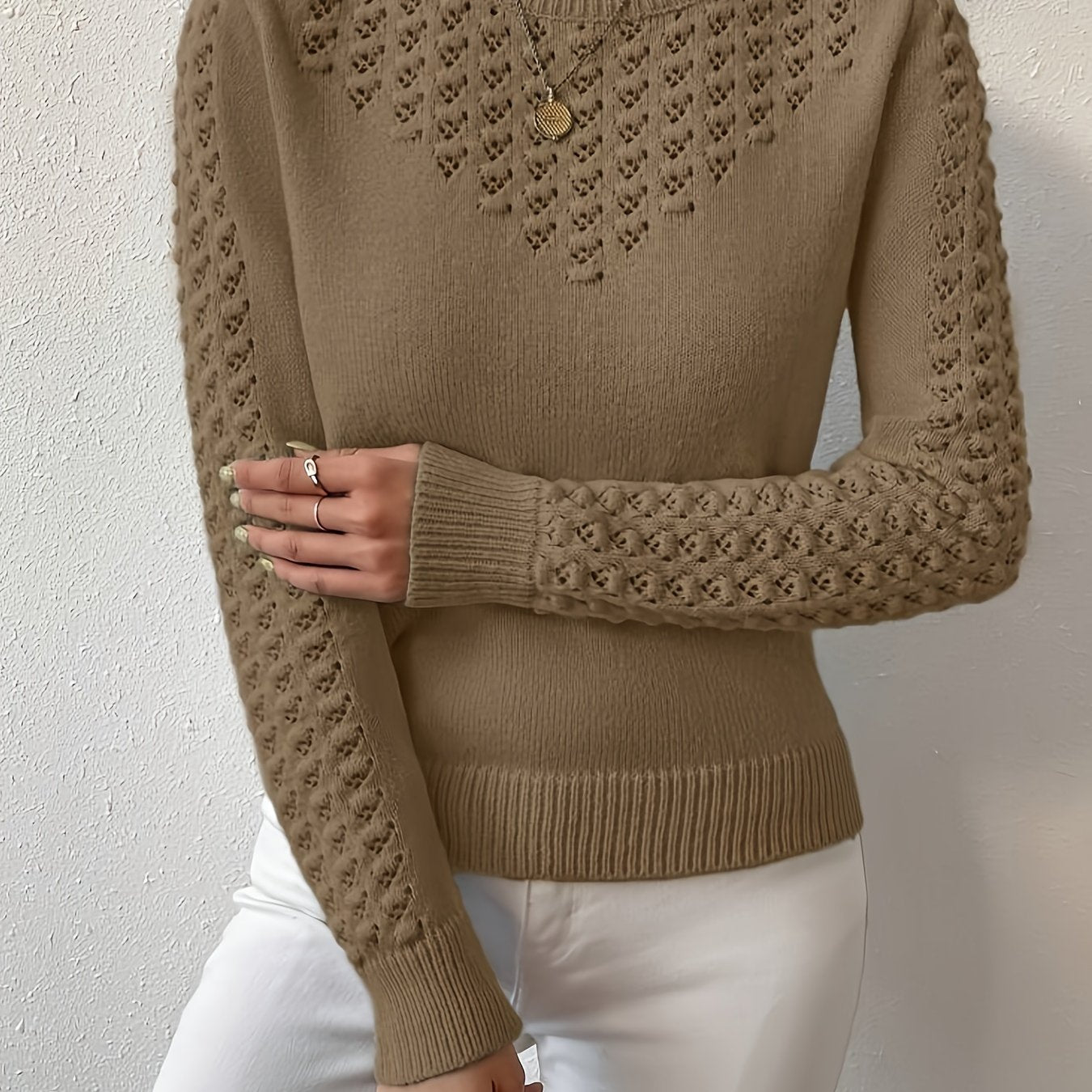 Womens Elegant Knitted Round Neck Textured Design Solid Colour Semi Sheer Sweater