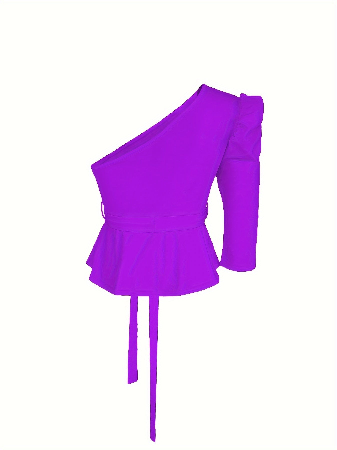 Womens Solid Colour One Shoulder Belted Elegant Puff Long Sleeve Asymmetric Top