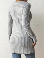 Womens Elegant Square Neck Ribbed Asymmetrical Button Detail Colour-Block Sweater