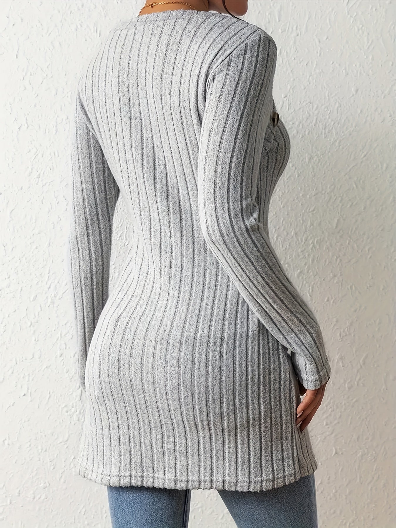 Womens Elegant Square Neck Ribbed Asymmetrical Button Detail Colour-Block Sweater