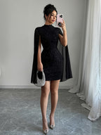 Womens Sexy Semi-Sheer Round Neck Long Sleeves Bodycon Party Dress