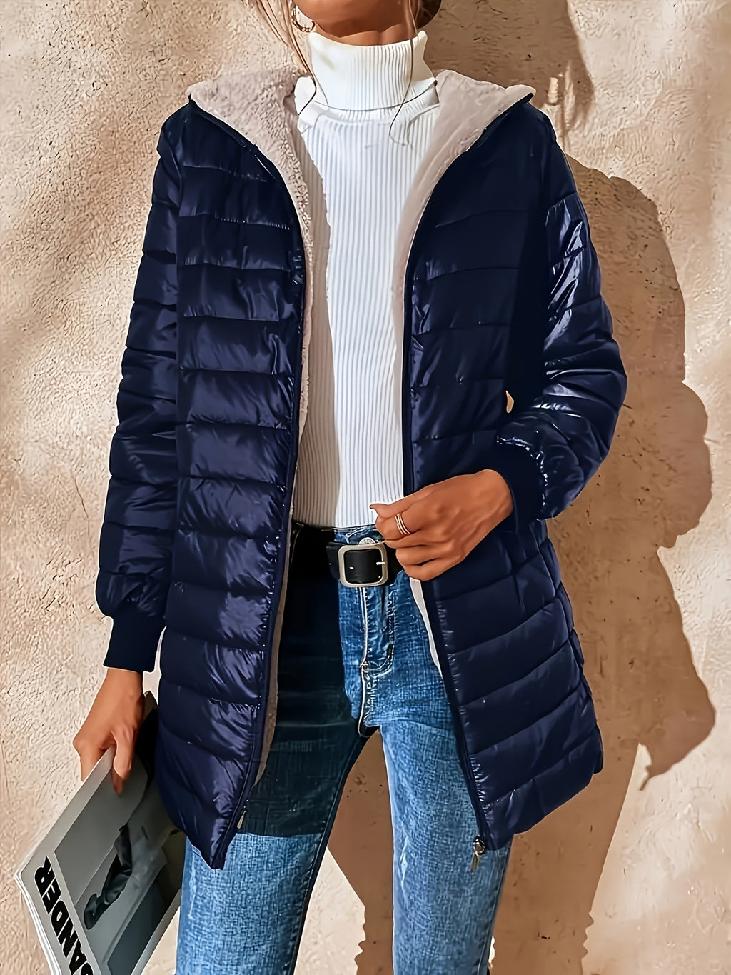Womens Casual Medium Length Hooded Puffer Jacket