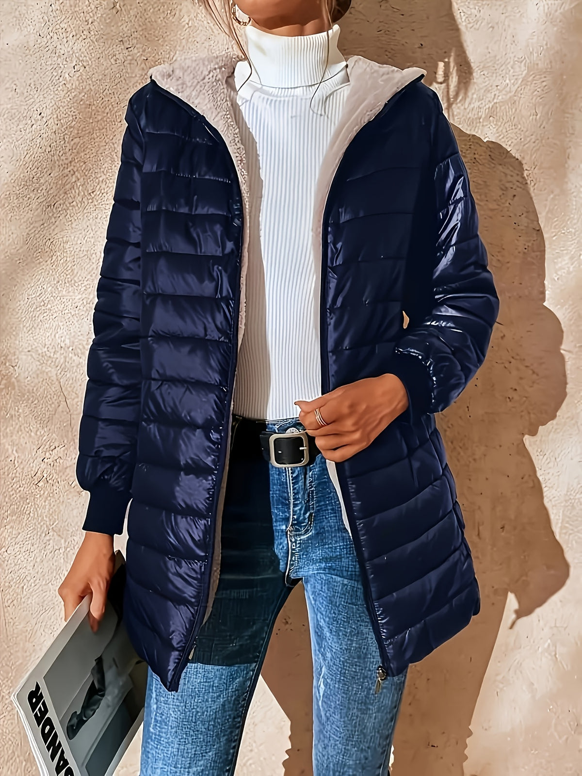 Womens Casual Medium Length Hooded Puffer Jacket