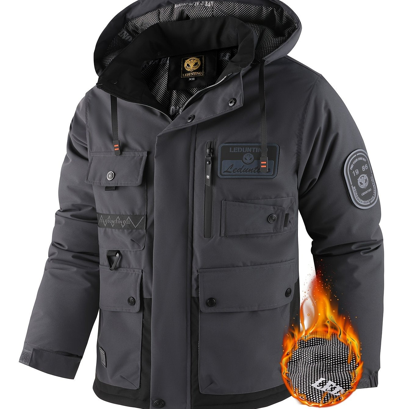 Mens Fleece-Lined Multiple Pockets Detachable Hood Outdoor Winter Jacket