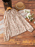Womens Elegant Floral Print Long Sleeve Ruffle Trim Mock Neck Cold Shoulder Top