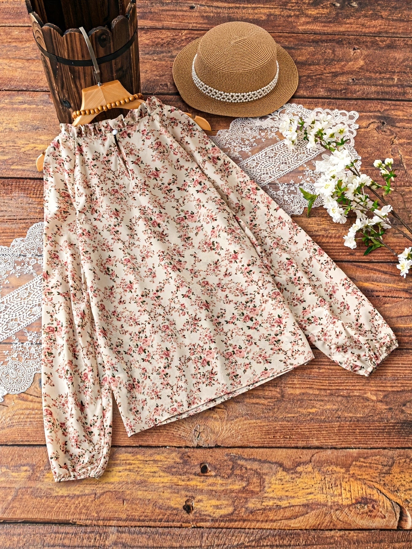 Womens Elegant Floral Print Long Sleeve Ruffle Trim Mock Neck Cold Shoulder Top