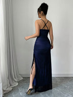 Womens Elegant High-Stretch Mesh Solid Colour Adjustable Strap Backless Long Bodycon Dress