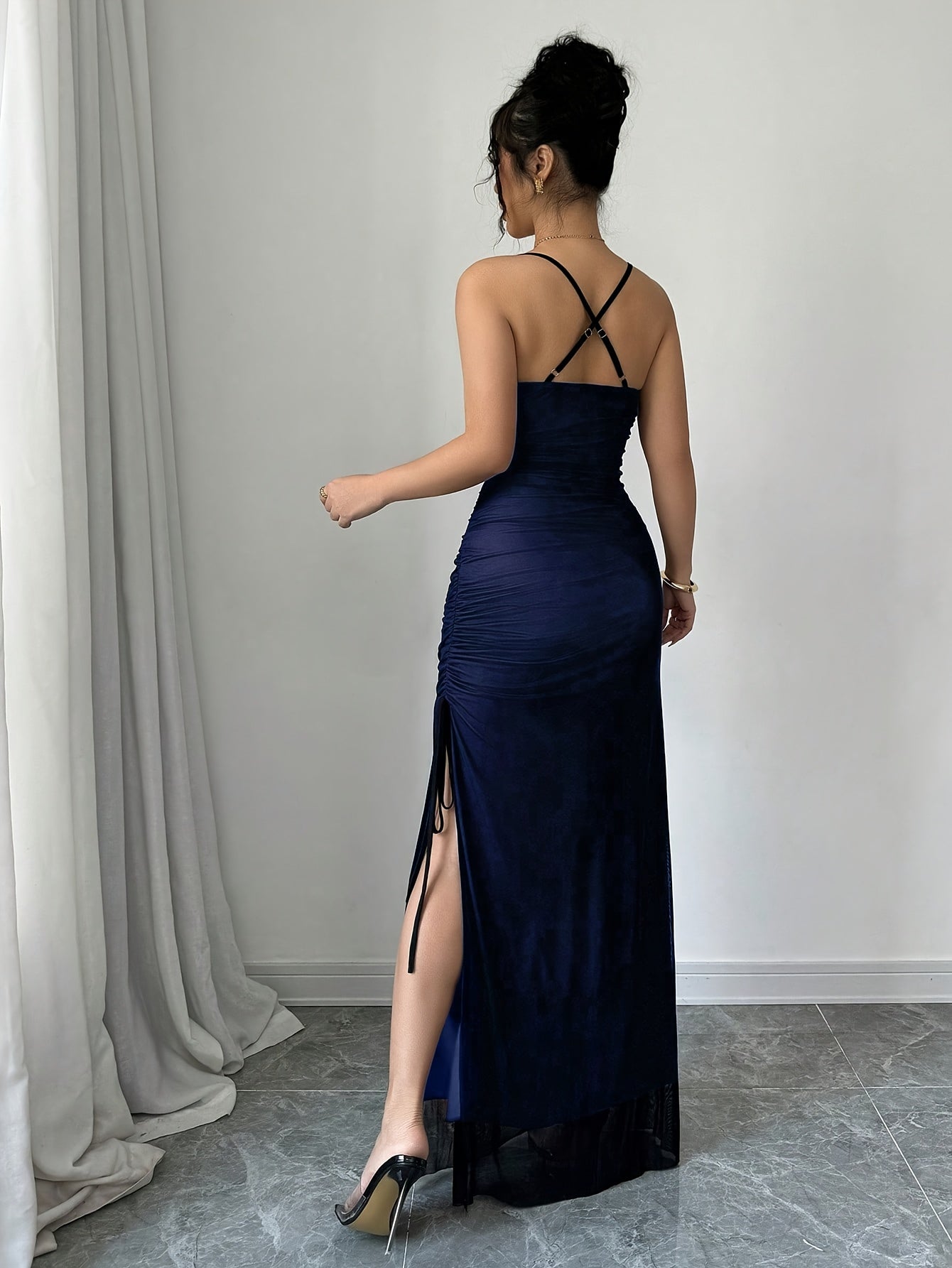 Womens Elegant High-Stretch Mesh Solid Colour Adjustable Strap Backless Long Bodycon Dress