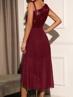 Womens Elegant Sparkling Sequin Sleeveless Asymmetrical Long Dress