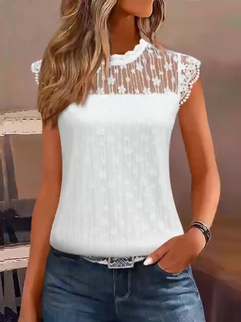 Womens Elegant Lace-Trimmed Floral Pattern Short Sleeve Round Neck Top
