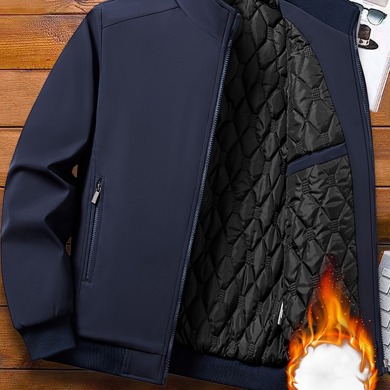 Mens Casual Solid Zip-Up Stand Collar Windbreaker Thermal Quilted Jacket