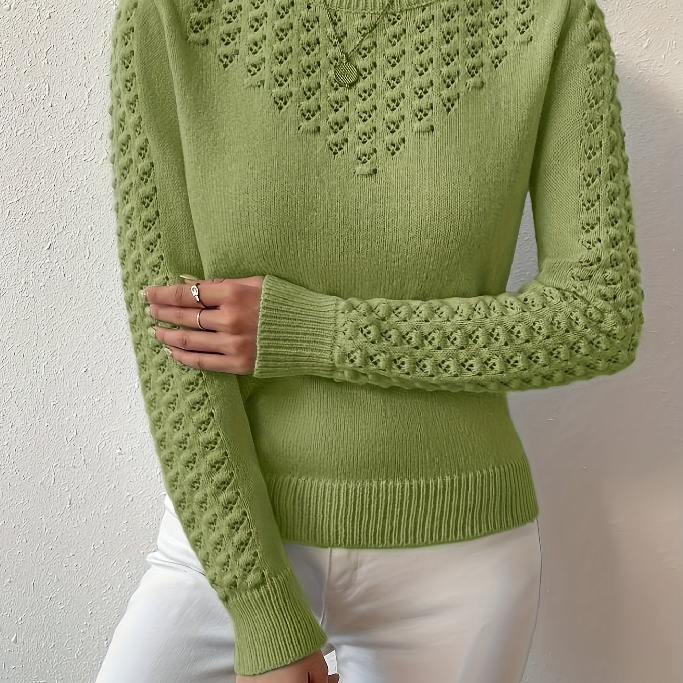 Womens Elegant Knitted Round Neck Textured Design Solid Colour Semi Sheer Sweater