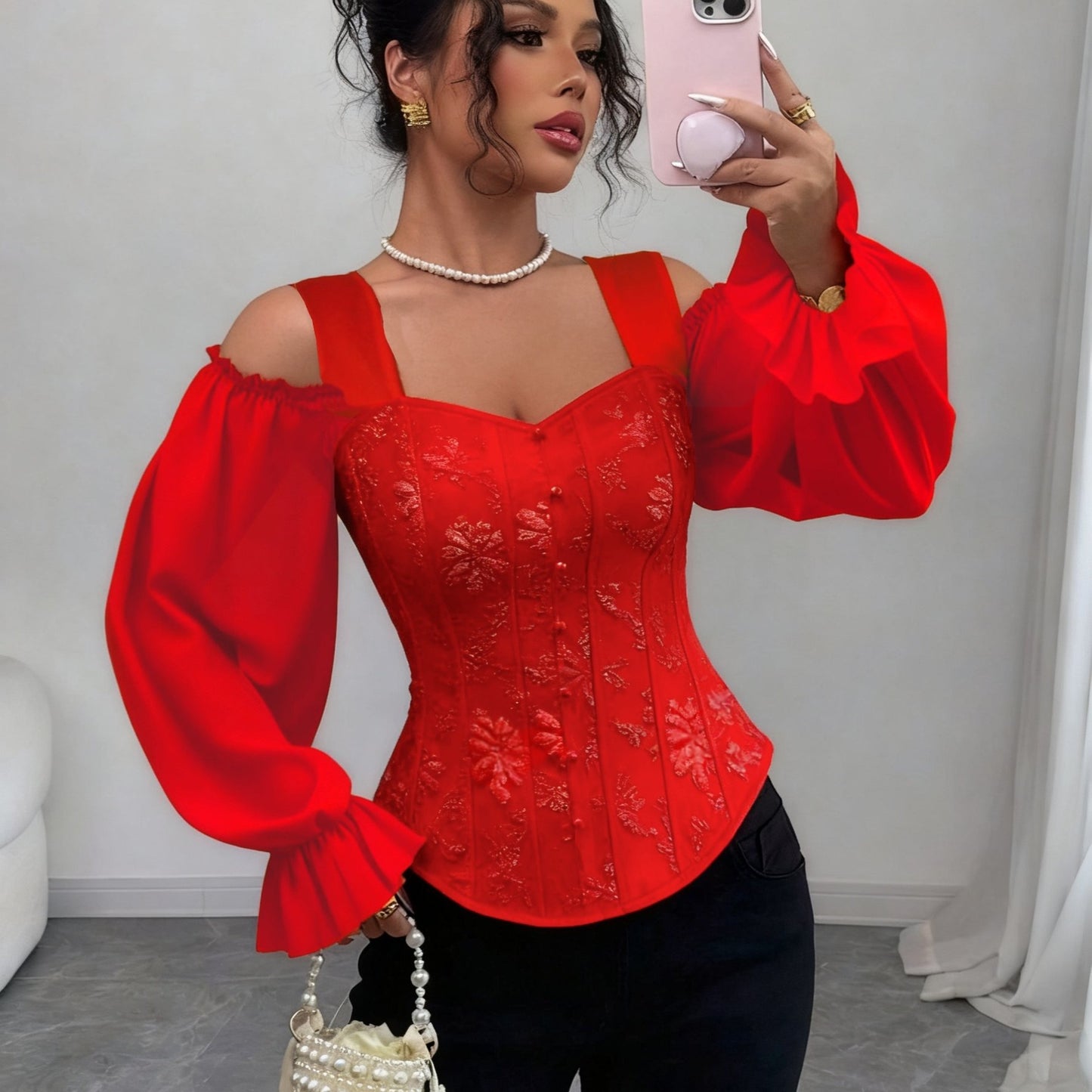 Womens Floral Jacquard Elegant Off-Shoulder Lantern Sleeves Square Neck Top