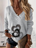 Womens Casual V-Neck Heart Print Cosy Pullover Jumper