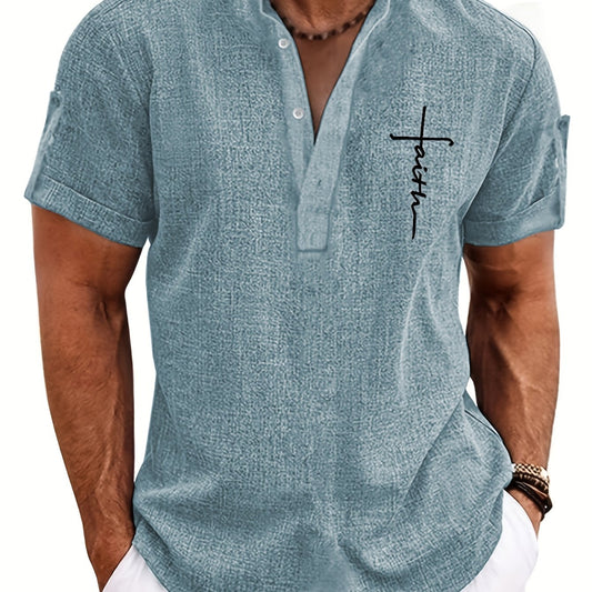 Mens Casual Graphic Print Short Sleeve Stand Collar Breathable Shirt