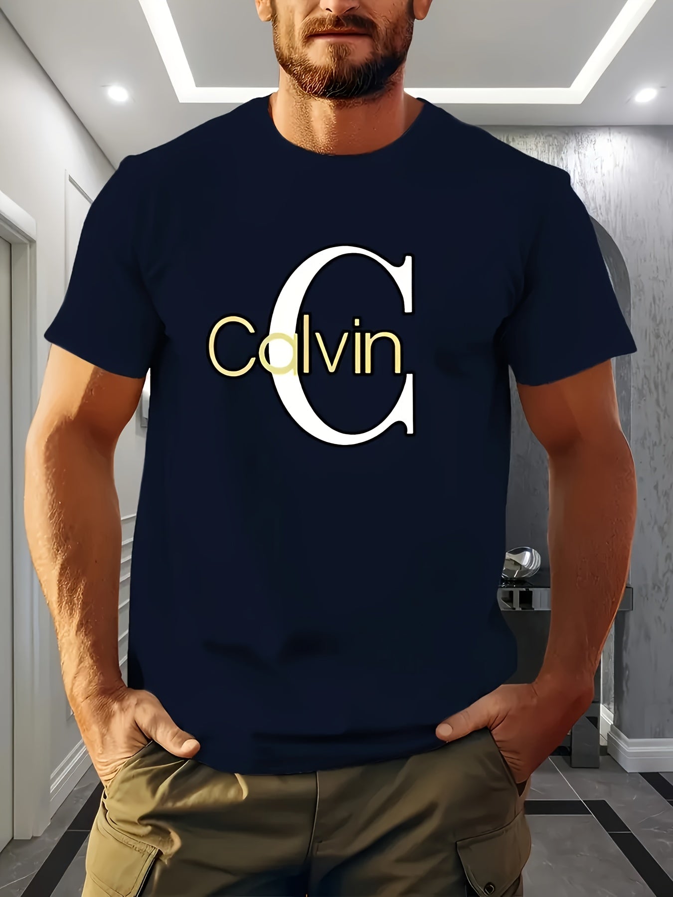 Mens Casual Short Sleeve Summer Breathable Round Neck Bold 'Calvin' Graphic Print Tshirt