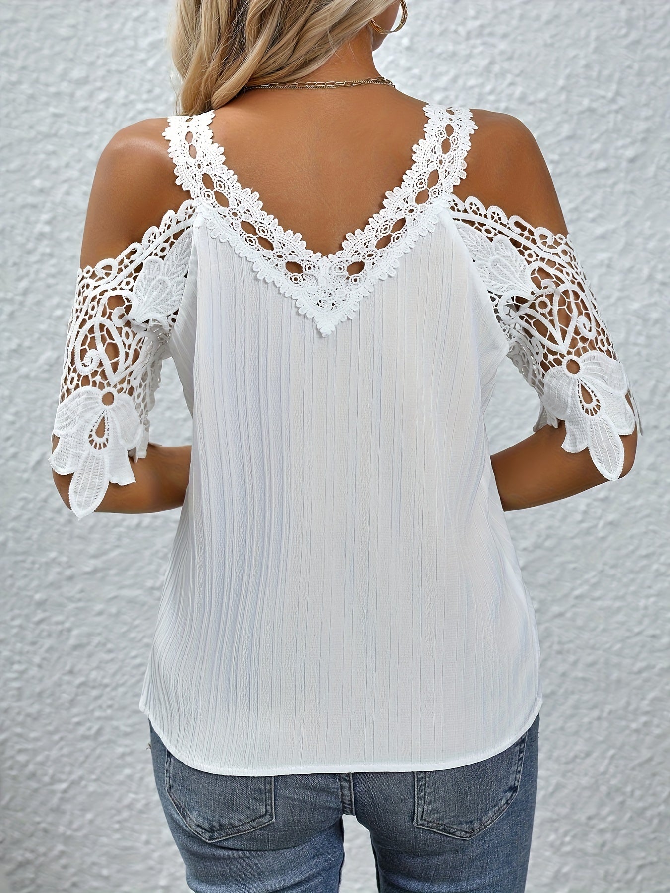 Womens Elegant Cold Shoulder Lace V Neck Solid Colour Loose Fit Top