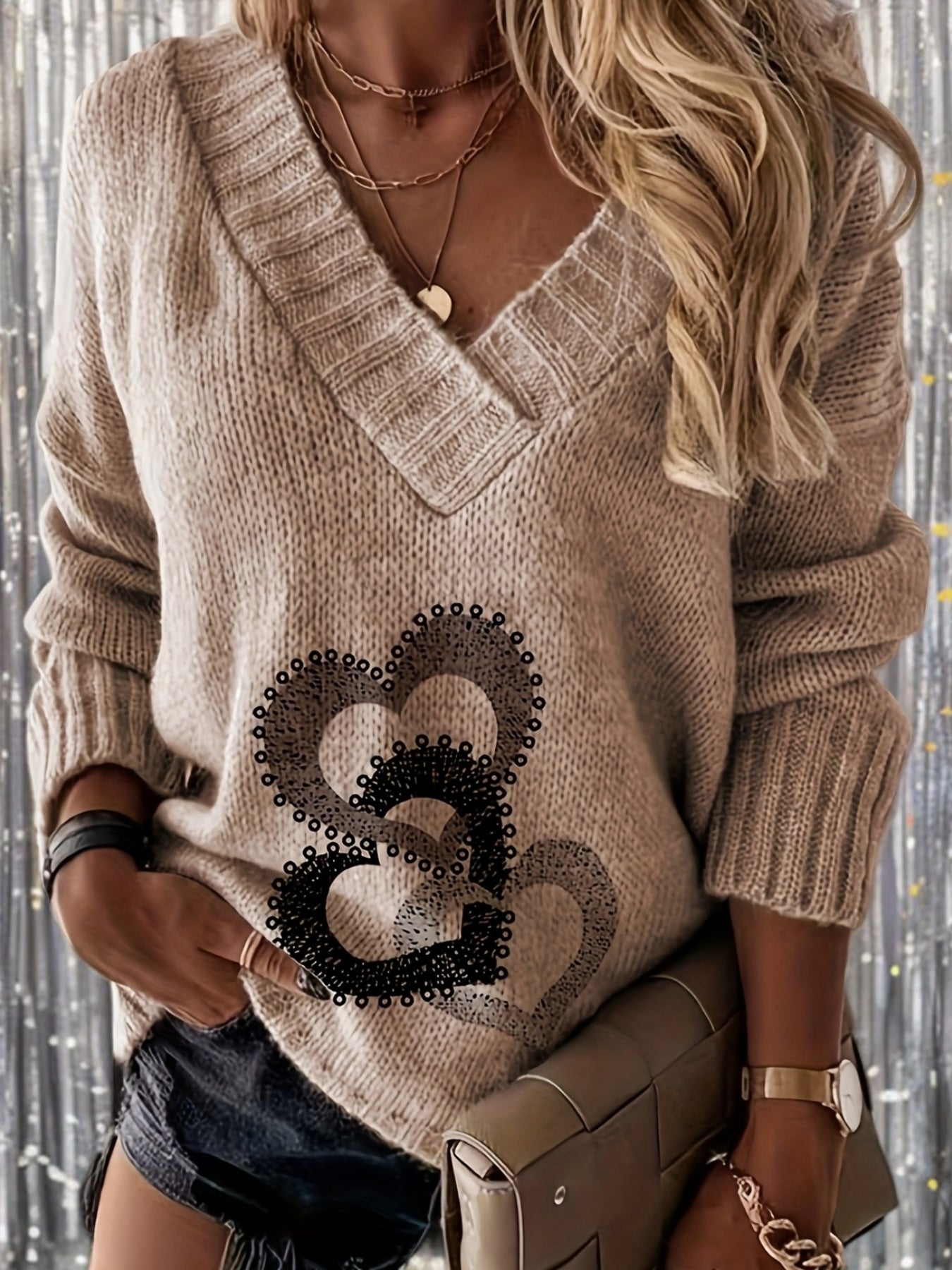 Womens Casual V-Neck Heart Print Cosy Pullover Jumper