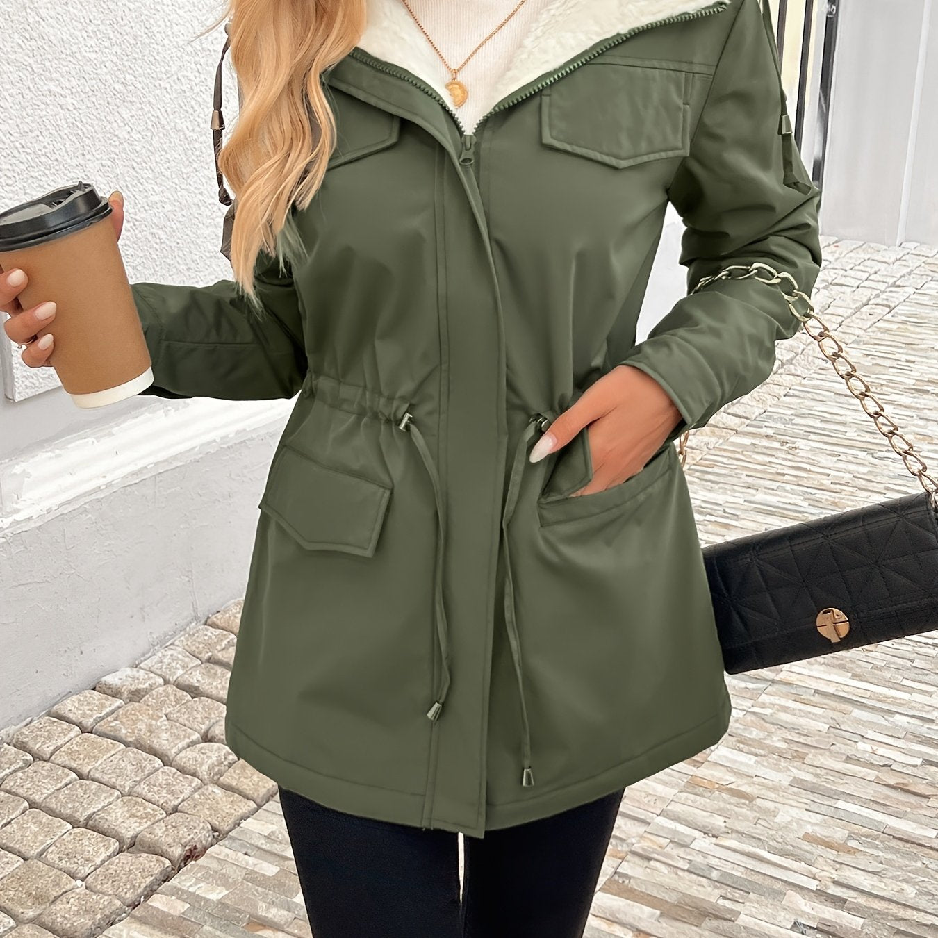Womens Casual Hooded Solid Colour Non-Stretch Drawstring Lightweight Jacket
