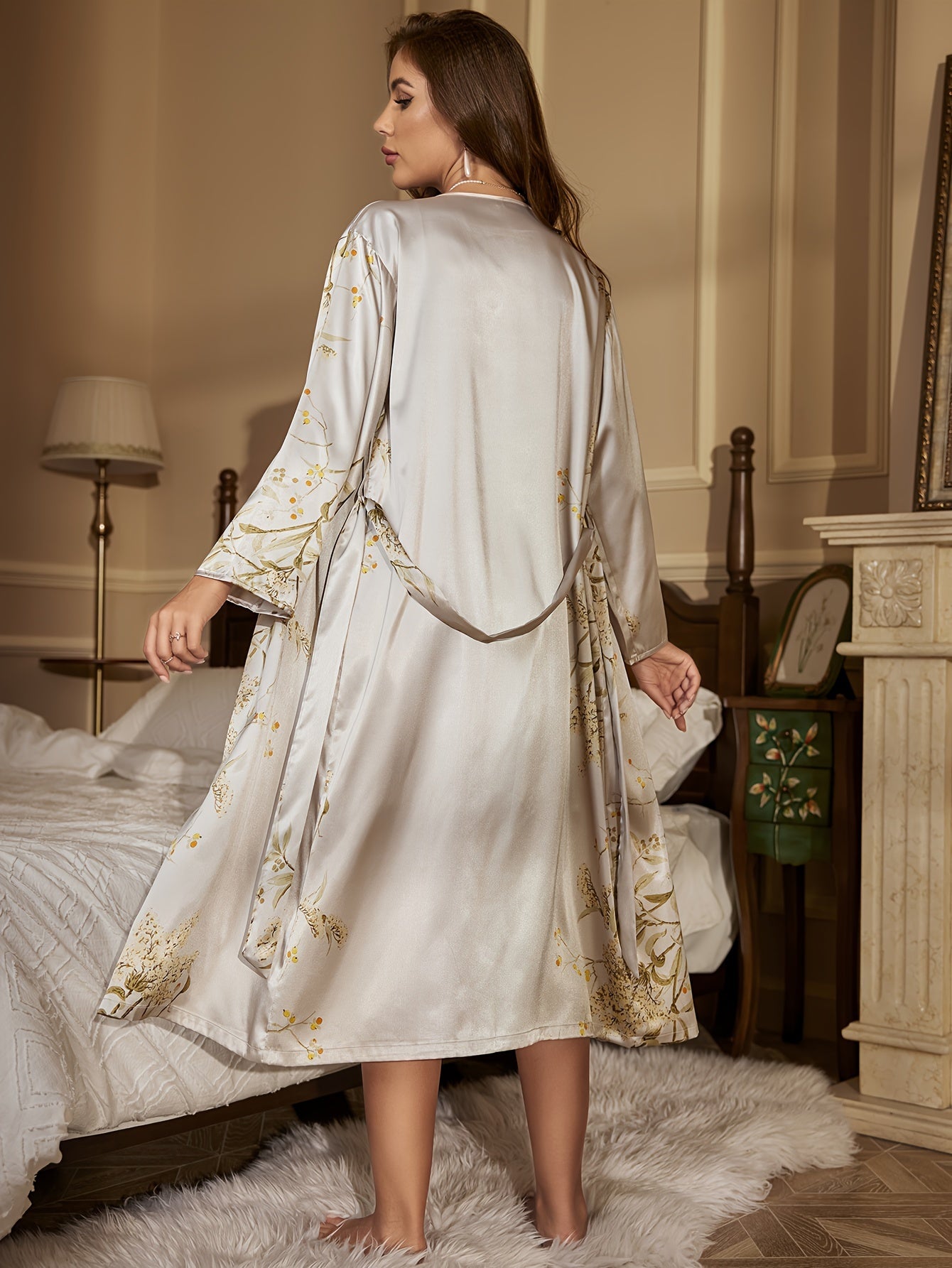 Womens Satin Cherry Print Cowl Collar Loungewear Set